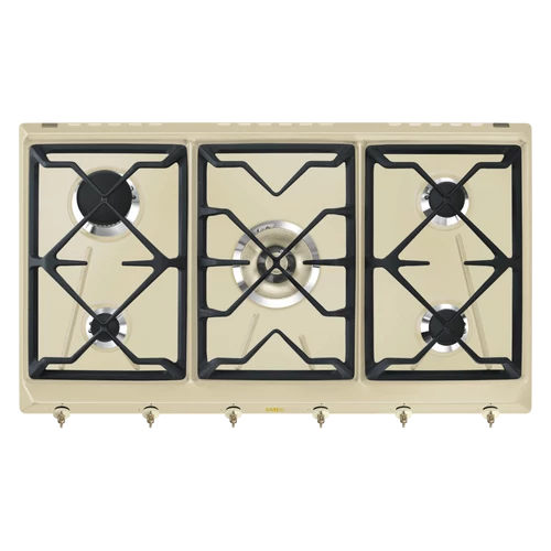SMEG GÁZ FŐZŐLAP, Colonial, 90 cm, 4 db norm + 1 db 5 kW-os wok égő, öntöttvas edénytart,bézs,bronz vezérlőgomb