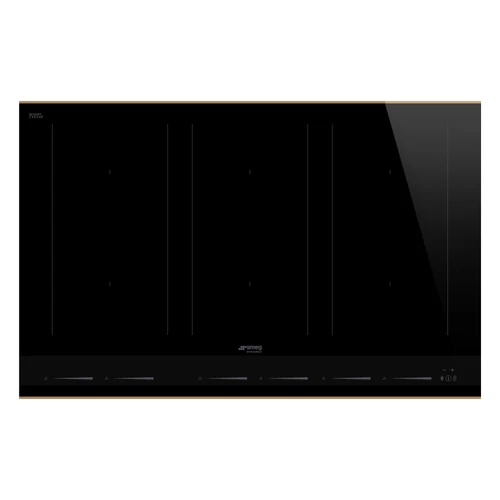 SMEG INDUKCIÓS FŐZŐLAP, Dolce Stil Novo design, 80 cm, 6 főzőzóna, 3 MultiZone híd zóna, fekete üveg, réz dísz
