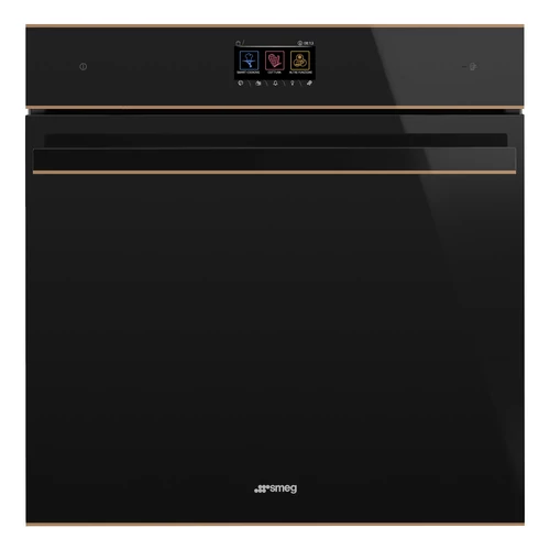 SMEG KOMBINÁLT PIROLITIKUS SÜTŐ, GŐZFUNKCIÓVAL, Dolce Stil Novo design, Galileo, 60 cm, TFT, fekete üveg, réz dísz