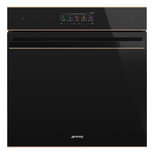 SMEG KOMBINÁLT PIROLITIKUS SÜTŐ, GŐZFUNKCIÓVAL, Dolce Stil Novo design, Galileo, 60 cm, nagy TFT, fekete üveg, réz dísz