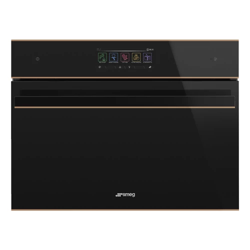 SMEG KOMPAKT KOMBINÁLT MIKROHULLÁMÚ SÜTŐ, Dolce Stil Novo design, Galileo, 45 cm, nagy TFT, fekete üveg, réz dísz