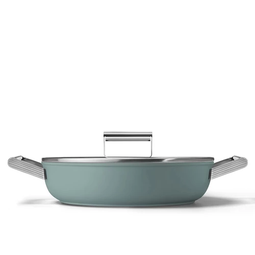 SMEG ALACSONY LÁBAS FEDŐVEL, 28 cm, edzett üveg fedő, rozsdamentes acél fogantyú, matt smaragdzöld