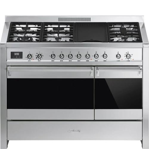 SMEG SZABADONÁLLÓ TŰZHELY, Classica design, 120 cm, 2 sütőtér (77 l + 40 l), 8 funkció, gáz főzőlap, rozsdamentes acél