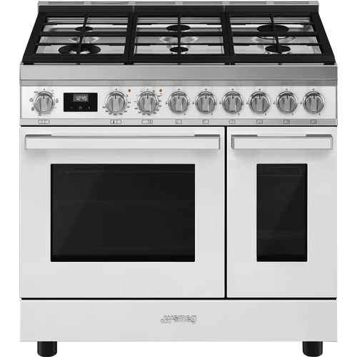 SMEG SZABADONÁLLÓ TŰZHELY, Portofino design, 90 cm, 2 sütőtér, 8 funkció, gáz főzőlap, fehér