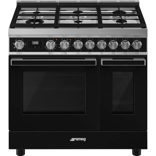 SMEG SZABADONÁLLÓ TŰZHELY, Portofino design, 90 cm, 2 sütőtér, 8 funkció, gáz főzőlap, fekete