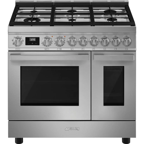 SMEG SZABADONÁLLÓ TŰZHELY, Portofino design, 90 cm, 2 sütőtér, 8 funkció, gáz főzőlap, rozsdamentes acél