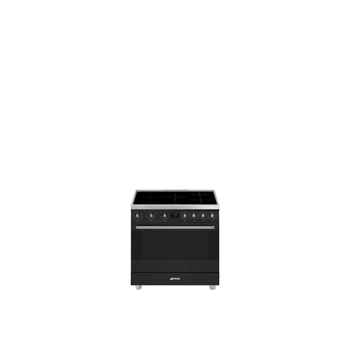 SMEG SZABADONÁLLÓ TŰZHELY, Classica design, 90 cm, 1 sütőtér, indukciós főzőlap, inox gombok és fogantyúk, matt fekete